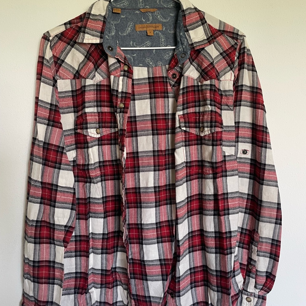JACHS Girlfriend Red and White Plaid Button Western Pearl Snapped Shirt
